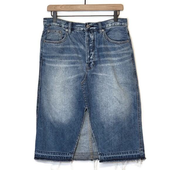 Free People We The Free Suzanne Distressed Blue Denim Skirt A Line Midi Size 30 - Picture 13 of 13